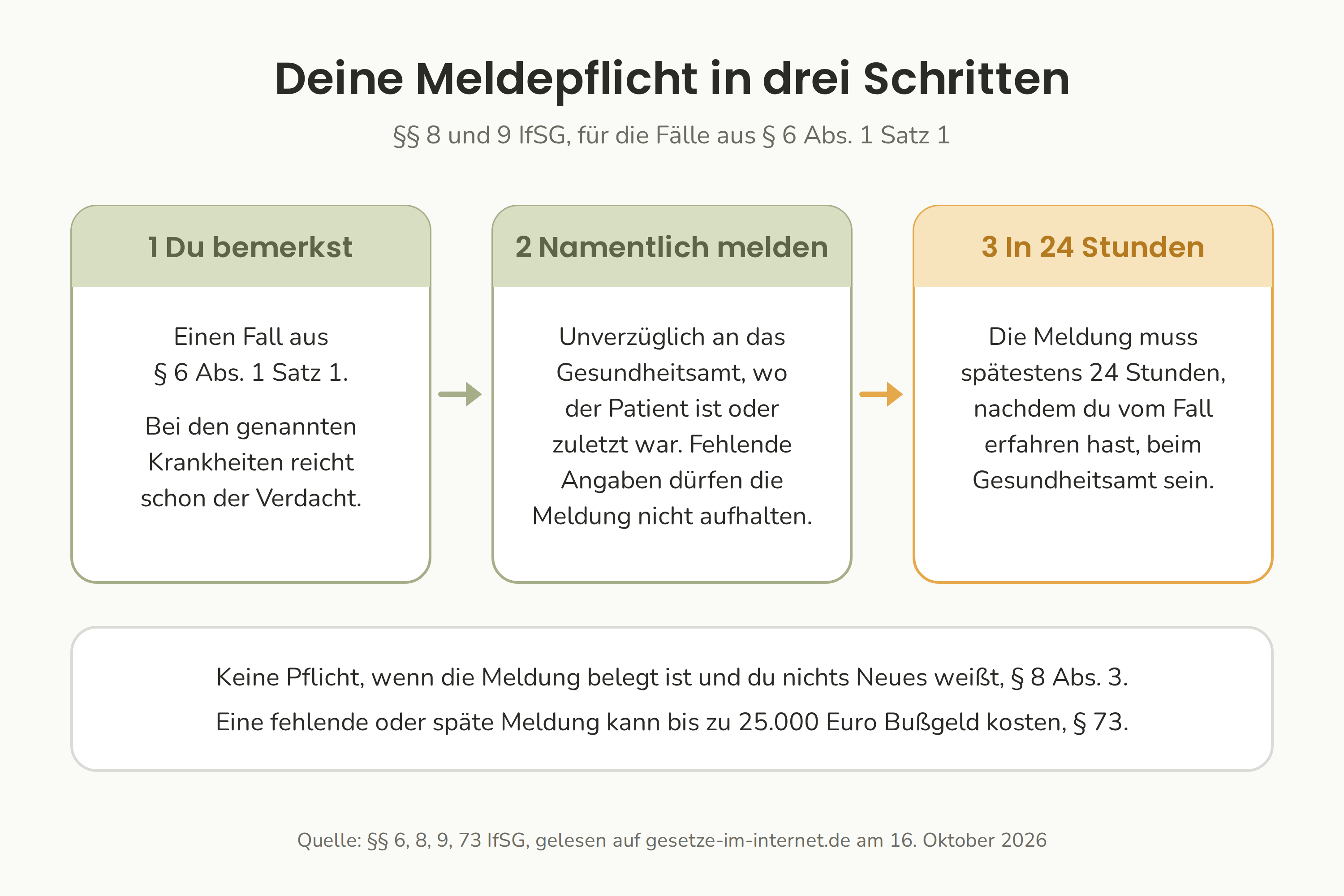 Die Meldepflicht in drei Schritten: Du bemerkst einen aufgeführten Fall, du meldest ihn unverzüglich namentlich, und die Meldung ist binnen 24 Stunden beim Gesundheitsamt.